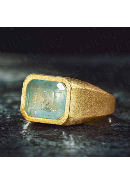 925 Ayar Gümüş Altın Kaplama Mavi Paraiba Taşlı Sade Erkek Yüzük modelleri