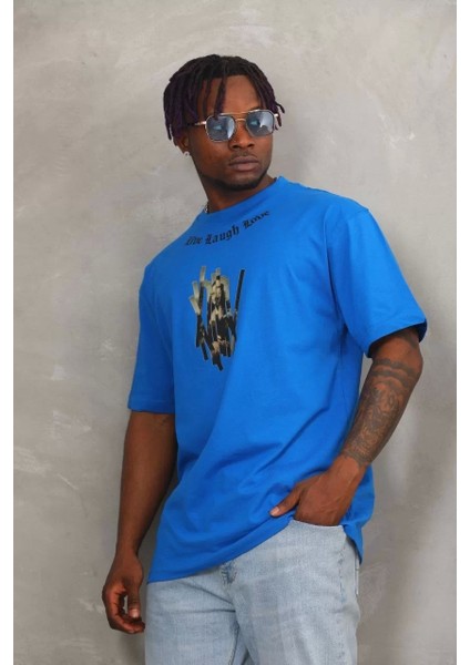 Oversize Baskılı Bisiklet Yaka T-Shirt - Mavi