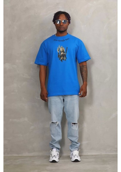 Oversize Baskılı Bisiklet Yaka T-Shirt - Mavi