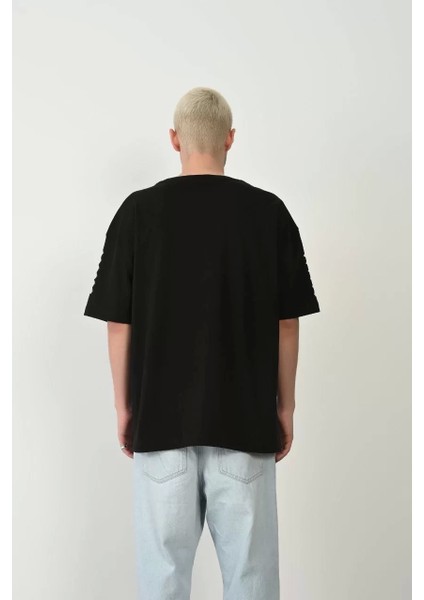 Baskılı Bisiklet Yaka Oversize T-Shirt - Siyah