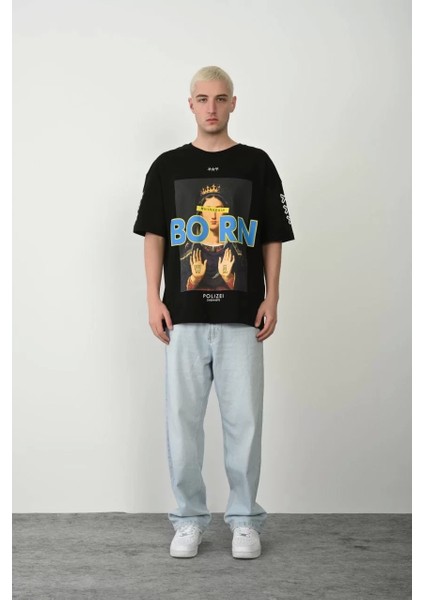 Baskılı Bisiklet Yaka Oversize T-Shirt - Siyah