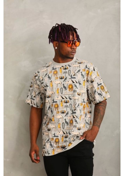 Oversize Baskılı Bisiklet Yaka T-Shirt - Gri