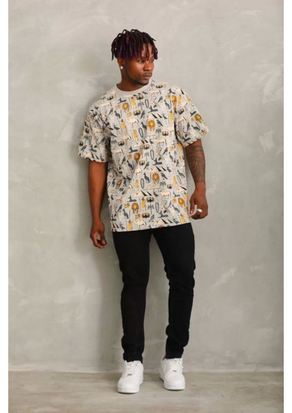 Oversize Baskılı Bisiklet Yaka T-Shirt - Gri