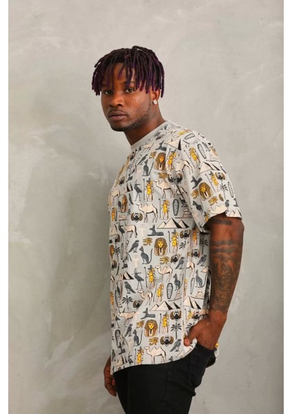Oversize Baskılı Bisiklet Yaka T-Shirt - Gri
