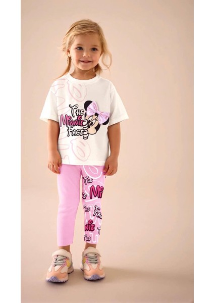 Minnie Face Kurdele Detaylı Kız Çocuk Alt Üst Taytlı Takım