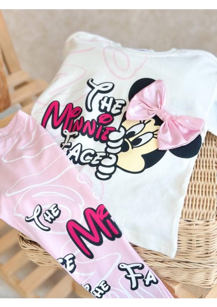 Minnie Face Kurdele Detaylı Kız Çocuk Alt Üst Taytlı Takım fiyatları