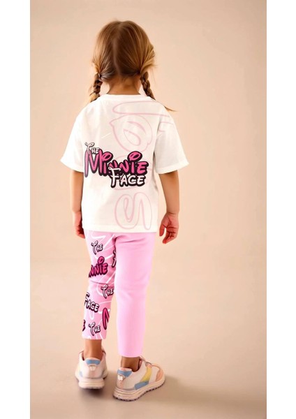 Minnie Face Kurdele Detaylı Kız Çocuk Alt Üst Taytlı Takım modelleri