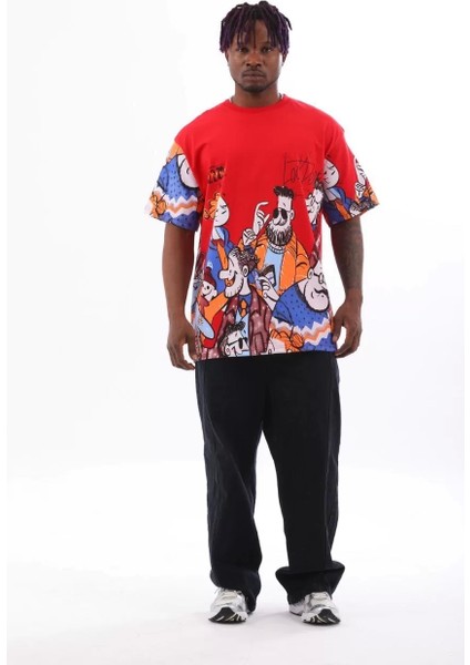 Oversize Baskılı Bisiklet Yaka T-Shirt - Kırmızı
