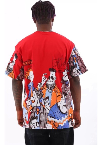 Oversize Baskılı Bisiklet Yaka T-Shirt - Kırmızı