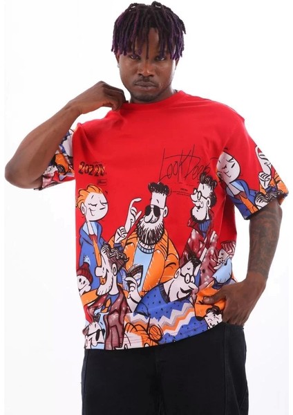Oversize Baskılı Bisiklet Yaka T-Shirt - Kırmızı