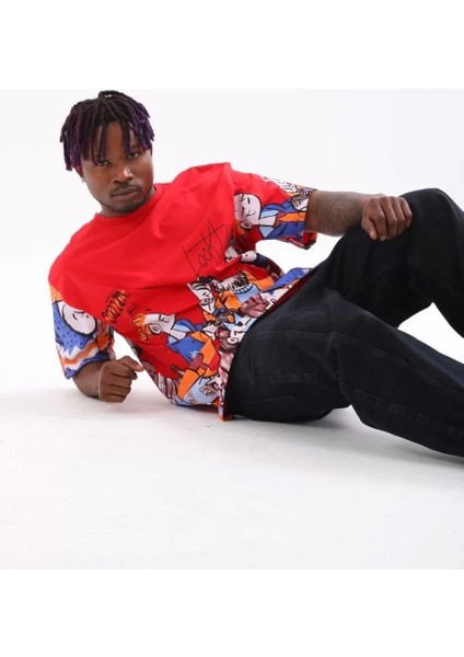 Oversize Baskılı Bisiklet Yaka T-Shirt - Kırmızı