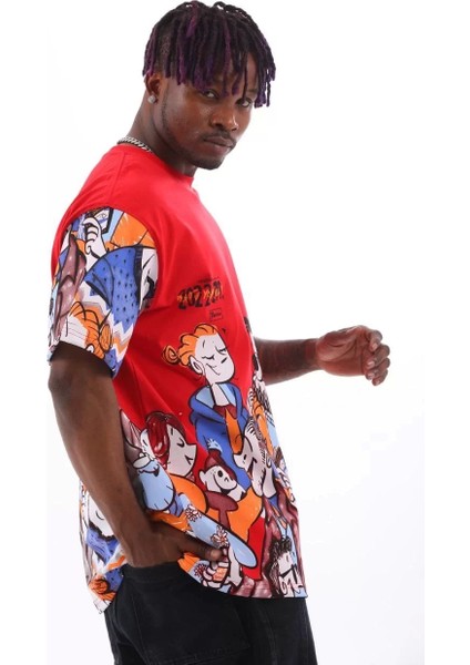 Oversize Baskılı Bisiklet Yaka T-Shirt - Kırmızı