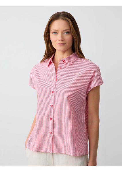 Kırmızı Rahat Kesim Kısa Kollu Çizgi Desenli Keten Gömlek