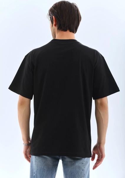 Oversize Düz Bisiklet Yaka T-Shirt - Siyah