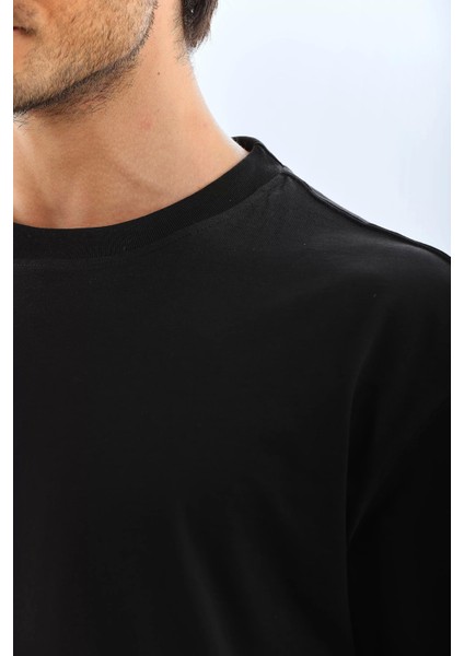 Oversize Düz Bisiklet Yaka T-Shirt - Siyah