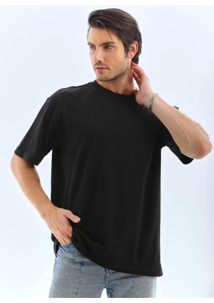 Oversize Düz Bisiklet Yaka T-Shirt - Siyah