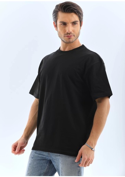Oversize Düz Bisiklet Yaka T-Shirt - Siyah