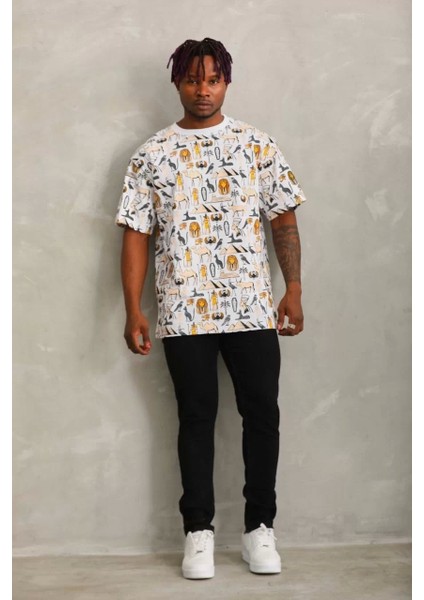 Oversize Baskılı Bisiklet Yaka T-Shirt - Beyaz modelleri