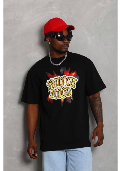 Oversize Baskılı Bisiklet Yaka T-Shirt - Siyah