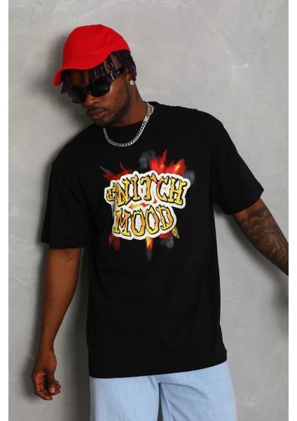 Oversize Baskılı Bisiklet Yaka T-Shirt - Siyah fiyatları