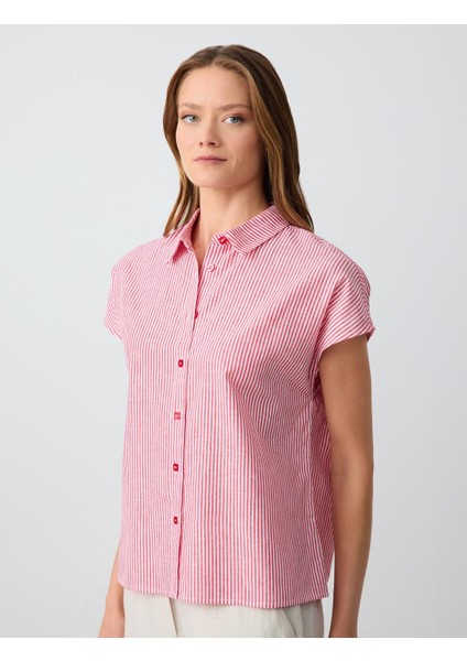 Kırmızı Rahat Kesim Kısa Kollu Çizgi Desenli Keten Gömlek modelleri