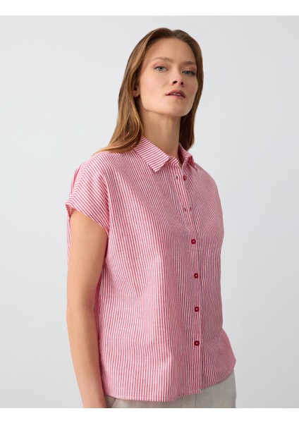 Kırmızı Rahat Kesim Kısa Kollu Çizgi Desenli Keten Gömlek fırsatları