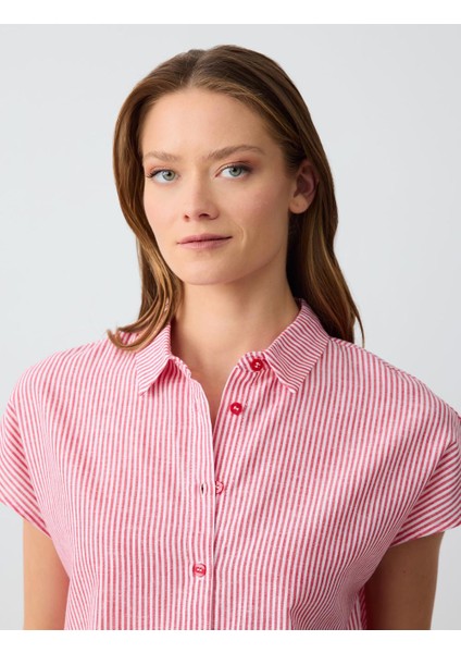 Kırmızı Rahat Kesim Kısa Kollu Çizgi Desenli Keten Gömlek indirimleri