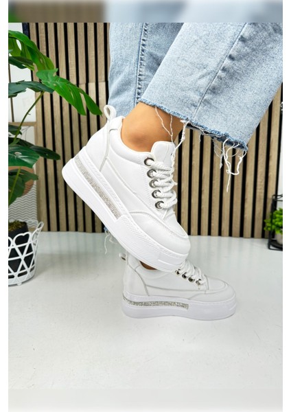Günlük Kadın Sneaker Gizli Kalın Topuklu Taş Detaylı Oval Burun Bağcıklı Spor Ayakkabı F70