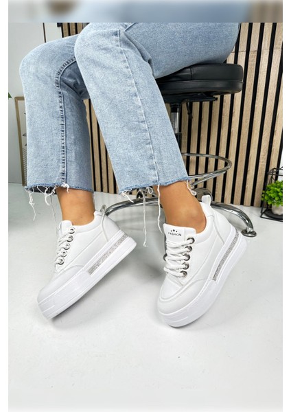 Günlük Kadın Sneaker Gizli Kalın Topuklu Taş Detaylı Oval Burun Bağcıklı Spor Ayakkabı F70
