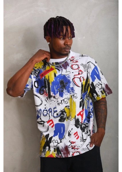Oversize Baskılı Bisiklet Yaka T-Shirt - Beyaz indirimleri
