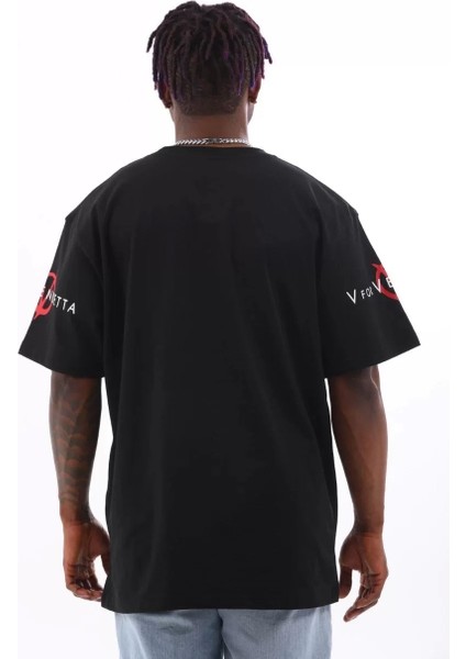 Oversize Baskılı Bisiklet Yaka T-Shirt - Siyah