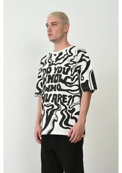 Baskılı Bisiklet Yaka Oversize T-Shirt - Beyaz