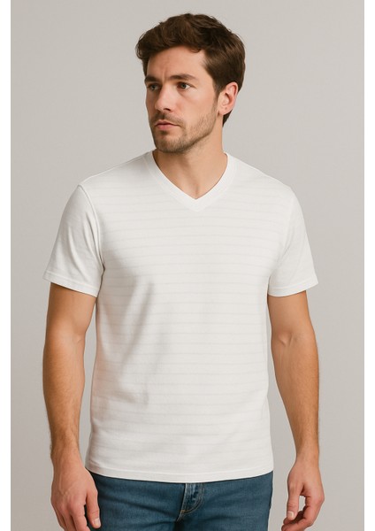 Kendinden Desenli Beyaz Regular Boxy T-Shirt