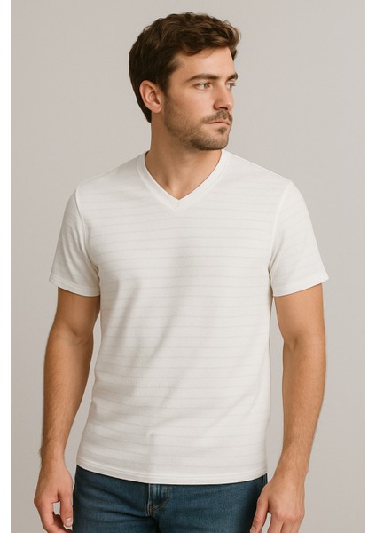 Kendinden Desenli Beyaz Regular Boxy T-Shirt
