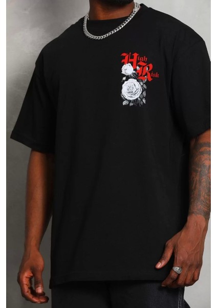 Oversize Baskılı Bisiklet Yaka T-Shirt - Siyah fiyatları