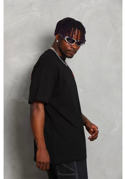Oversize Baskılı Bisiklet Yaka T-Shirt - Siyah indirimleri
