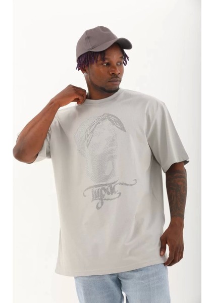 Oversize Taşlı Bisiklet Yaka T-Shirt - Gri