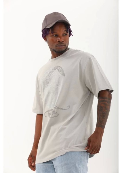 Oversize Taşlı Bisiklet Yaka T-Shirt - Gri