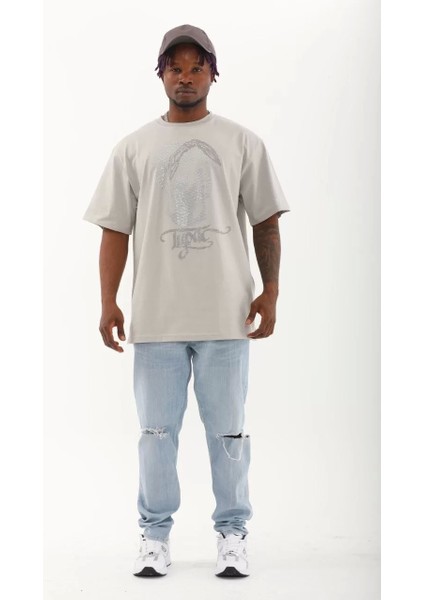 Oversize Taşlı Bisiklet Yaka T-Shirt - Gri