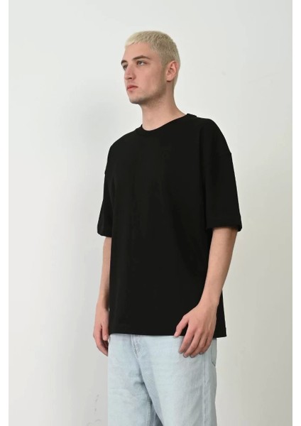 Basic Bisiklet Yaka Oversize T-Shirt - Siyah