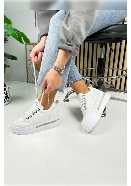 Günlük Kadın Sneaker Gizli Kalın Topuklu Taş Detaylı Oval Burun Bağcıklı Spor Ayakkabı F70