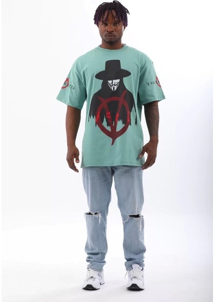 Oversize Baskılı Bisiklet Yaka T-Shirt - Mint Yeşili