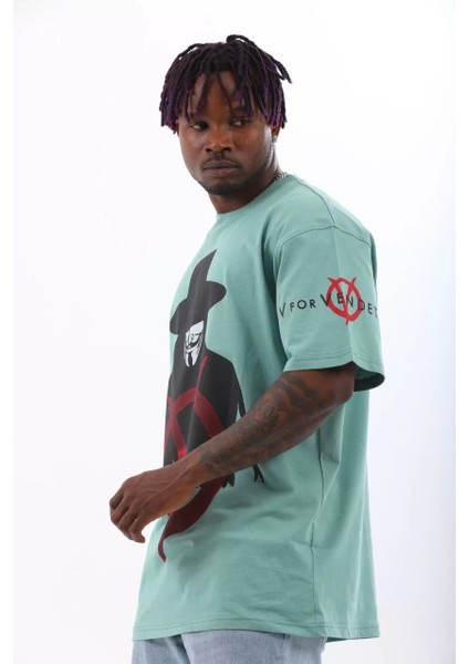 Oversize Baskılı Bisiklet Yaka T-Shirt - Mint Yeşili