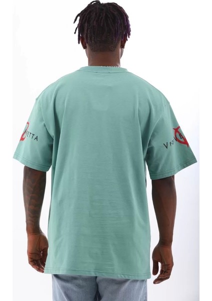 Oversize Baskılı Bisiklet Yaka T-Shirt - Mint Yeşili