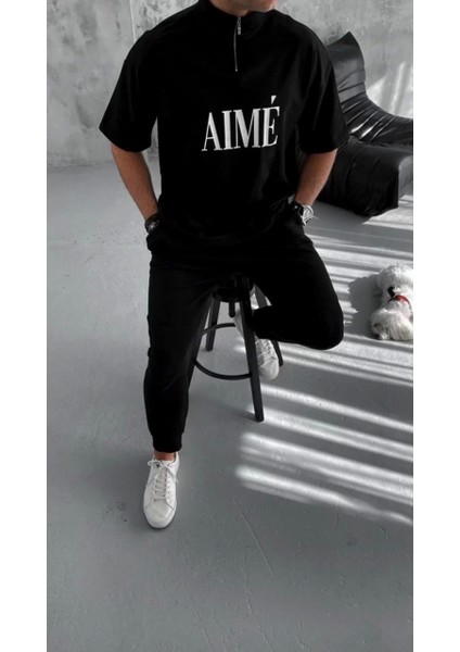 Yarım Fermuarlı Baskılı T-Shirt - Siyah modelleri