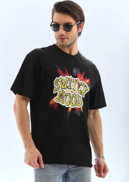 Oversize Baskılı Bisiklet Yaka T-Shirt - Siyah