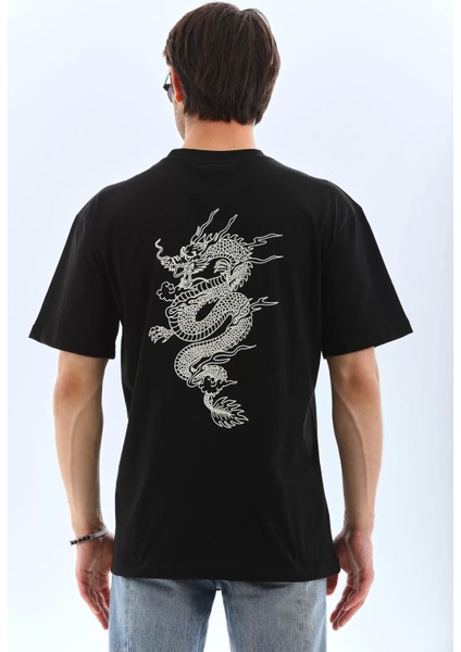 Oversize Baskılı Bisiklet Yaka T-Shirt - Siyah