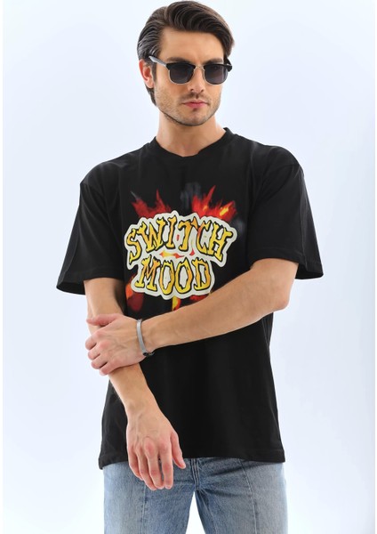 Oversize Baskılı Bisiklet Yaka T-Shirt - Siyah