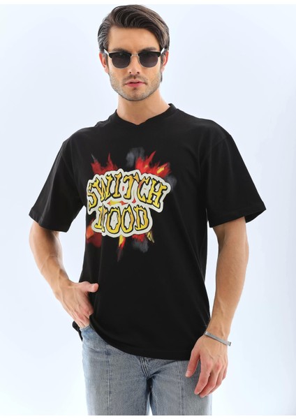 Oversize Baskılı Bisiklet Yaka T-Shirt - Siyah