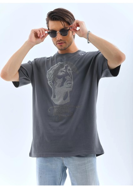 Oversize Taşlı Bisiklet Yaka T-Shirt - Füme